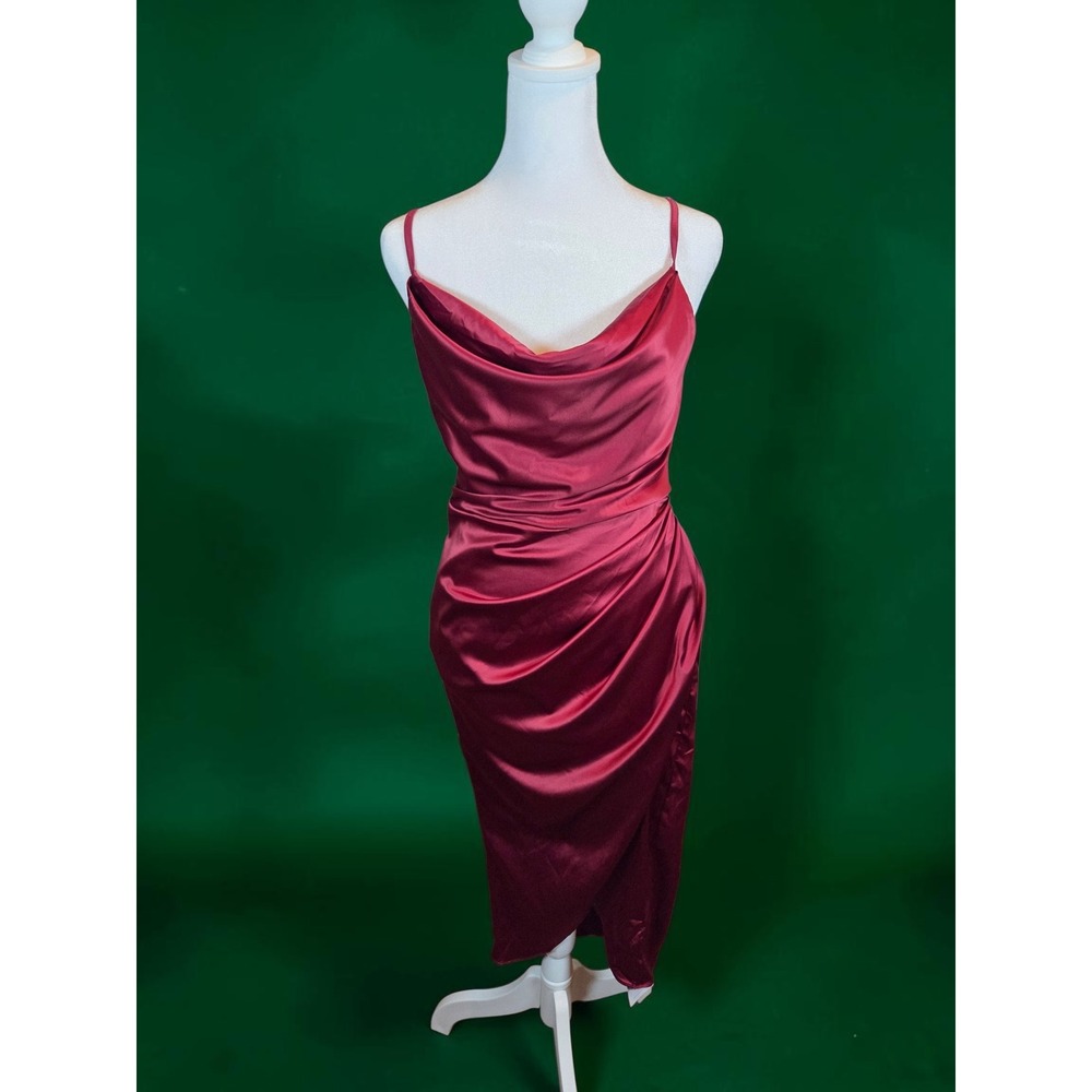 HTZMO Burgundy Satin Cowl Neck Midi Dress Draped Tulip Skirt Cocktail Formal M